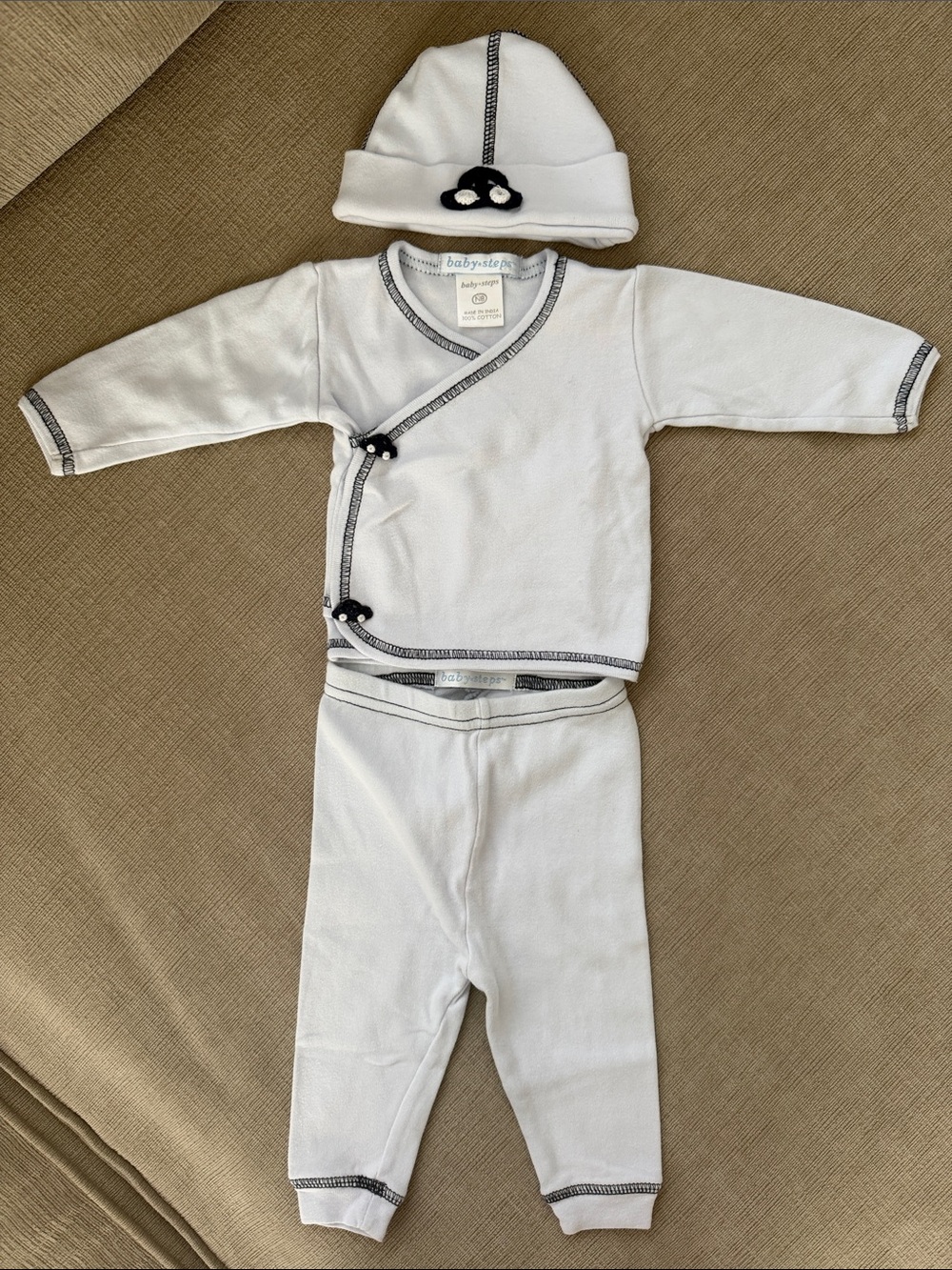 Baby Steps Light Blue Matching Set with Navy Trim and Hat and Cars detail